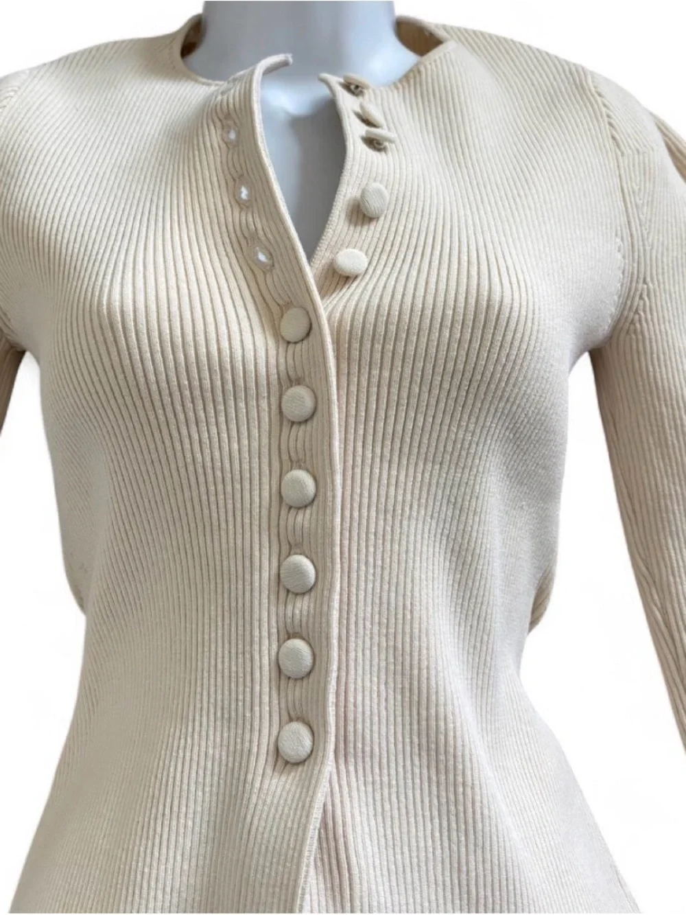 Zara Preppy Grunge Biker Office Work Cream Ribbed Button-Front Long Sleeve Top